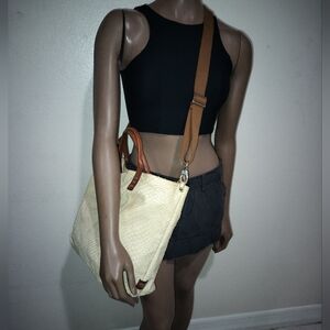 SOFIA C. OFF WHITE SNAKE PRINT LEATHER CROSSBODY TOTE.